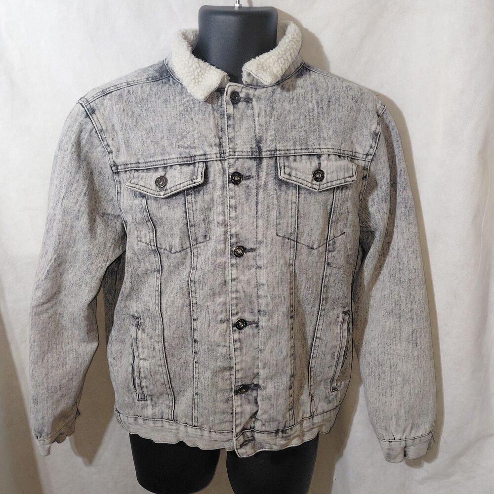 Brooklyn Cloth Sherpa Lined Jean Jacket Mens M Acid Gray Wash Y2K Vintage Look